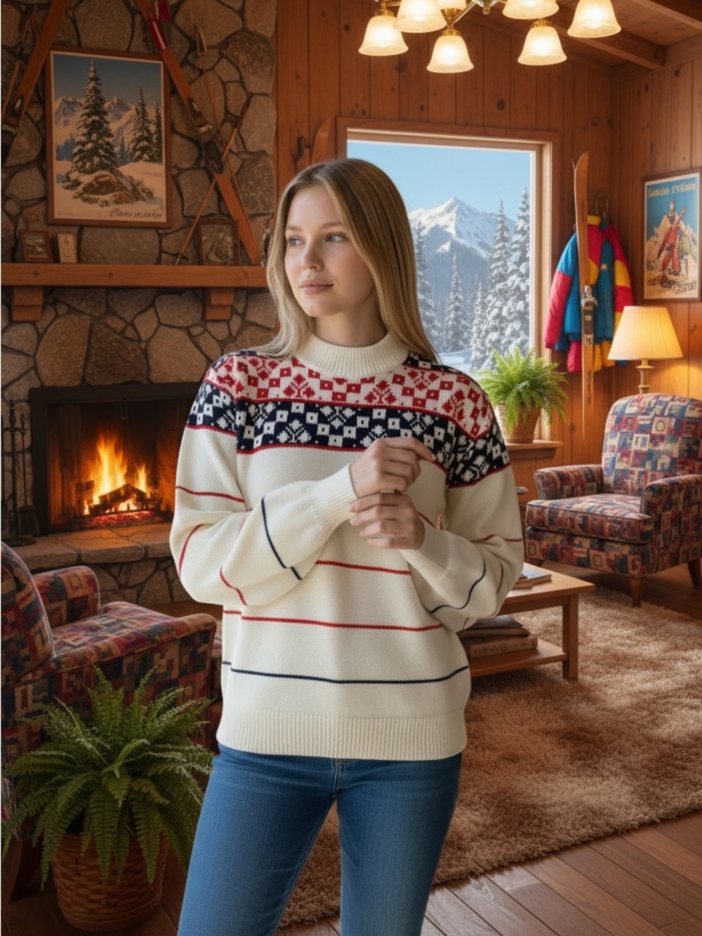 Huntingdon Mills Fair Isle Nordic Ski Sweater Mock Turtleneck Red White 1980s SM